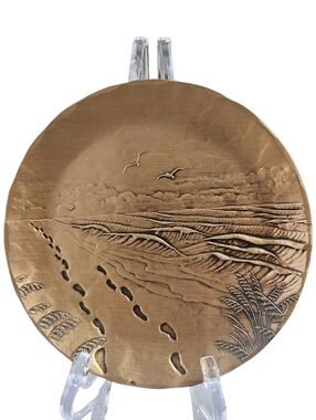 Vtg Solid Bronze Plate Handmade "Foot Prints In The Sand" Wendell August Forge